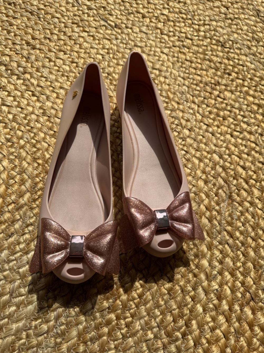 Melissa Blush Pink Peep-Toe Flats with Glitter Rose Bow